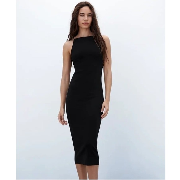 Zara Dresses & Skirts - Zara Black Sleeveless Halter Neck Midi Bodycon Dress Stretch Womens Medium